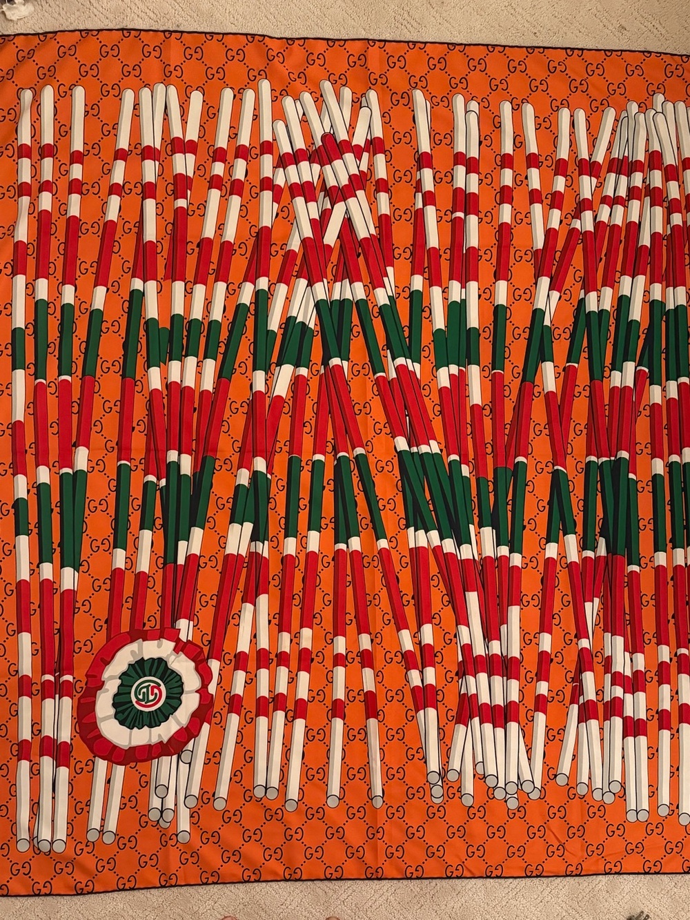 Gucci Orange Silk Scarf with Red, Green and White Bamboo Stripe Motif